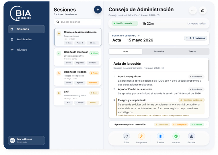 BIA Governance: vista de revisión con acta generada, puntos pendientes, evidencia verificable y barra de acciones.